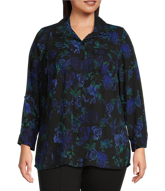 Slim Factor by Investments Plus Size Floral Print Long Roll-Tab Sleeve  Button Front Shirt