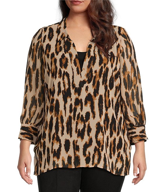 Slim Factor by Investments Plus Size Leopard Print Sheer 3/4 Sleeve V ...