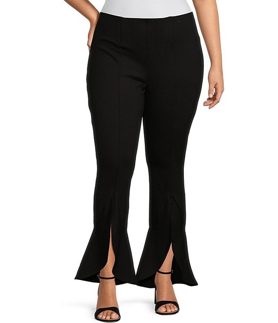 Knit Rayon Spandex High Waisted Boot Cut Pants With Side Slit