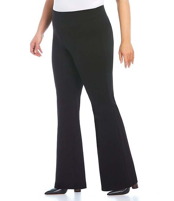 Plus Size Casual Pants, Women's Plus Solid Ribbed Elastic High * Slim Fit  Flare Leg Trousers