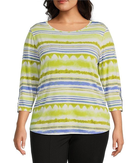 Slim Factor by Investments Plus Size Watercolor Stripe Print Crew Neck 3/4 Sleeve Snaps Top