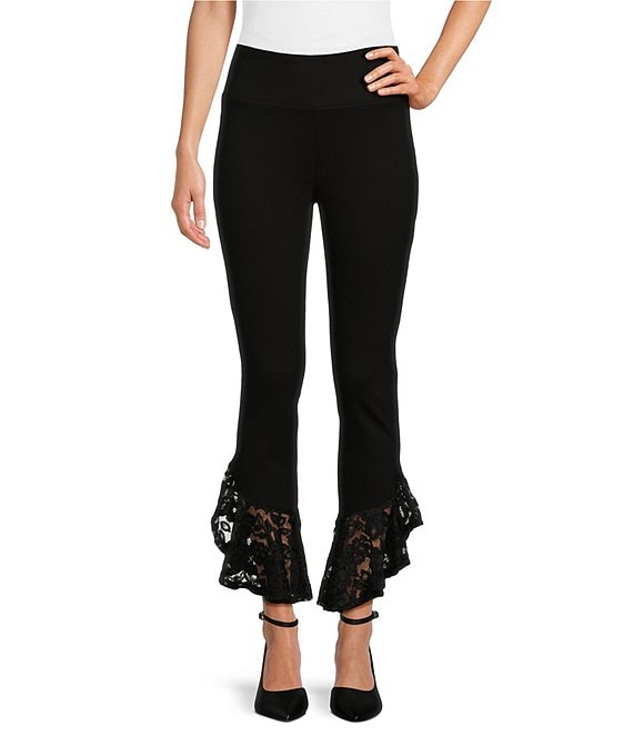 Slim Factor by Investments Ponte Knit Wide Waistband Tapered Ruffle Lace  Flare Pant