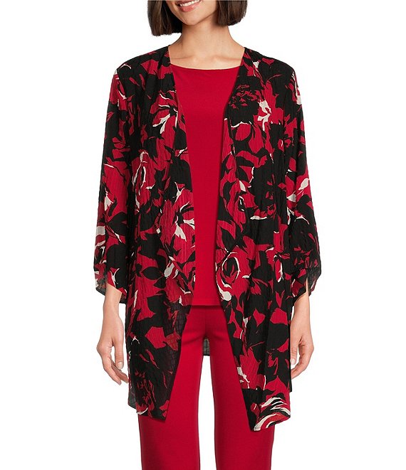 Slim Factor By Investments Roses Print 3/4 Sleeve Open Front Draped ...