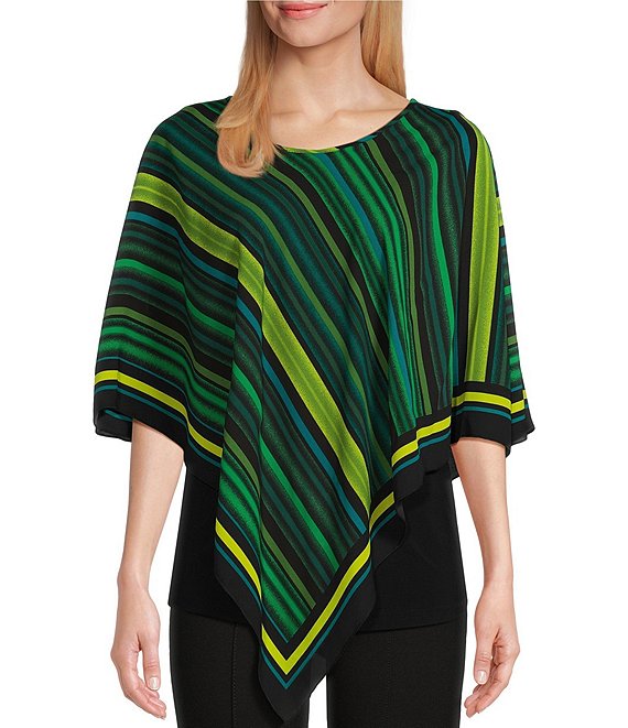 Slim Factor by Investments Stripe Print Round Neck 3/4 Sleeve Poncho