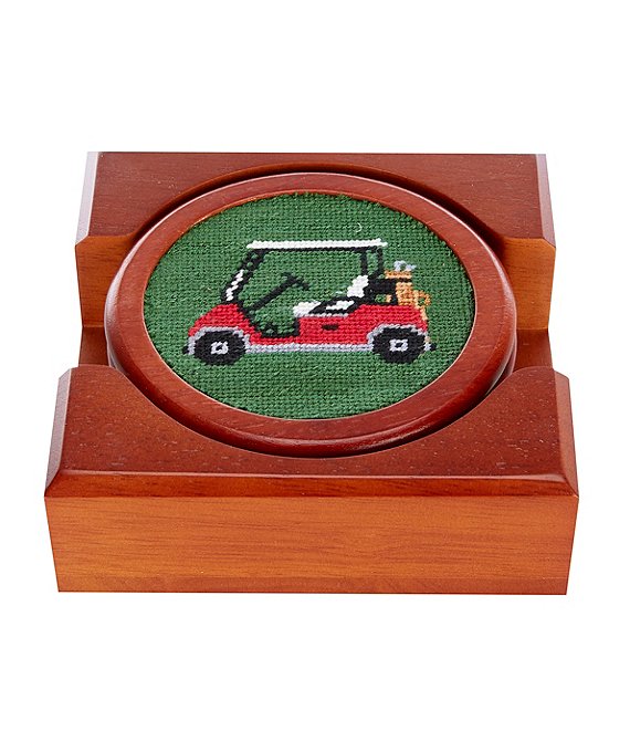 Color:Forest Green - Image 1 - Golf Cart Needlepoint Coaster Set