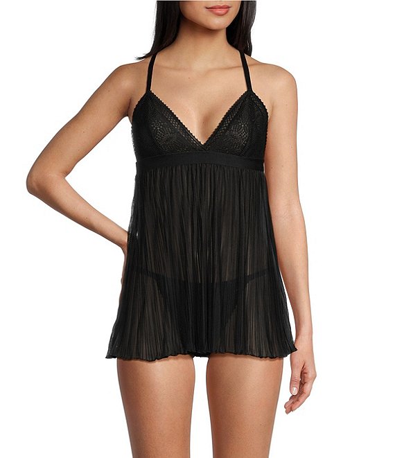 Color:Black - Image 1 - Soft Lace Cup & Pleated Mesh Babydoll