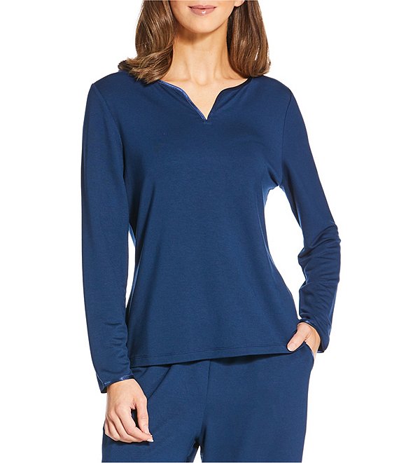 Cabernet Solid French Terry Split Round Neck Long Sleeve Coordinating Sleep Top, Pageant Blue - Image 1