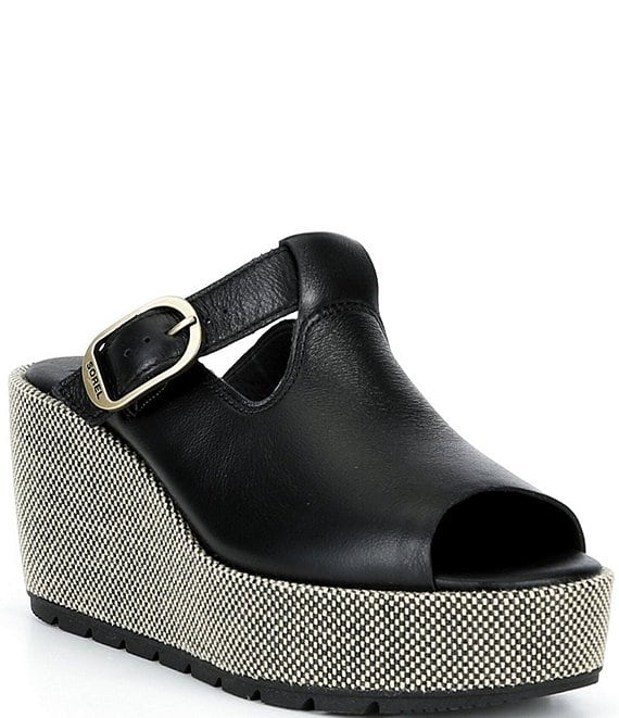 Sorel Sunpeak Leather Slide Raffia Wedge Platform Sandals