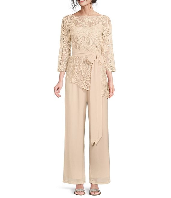 Color:Champagne - Image 1 - Asymmetrical Baroque Floral Lace Top 3/4 Sleeve Boat Neck Bodice Pant Set