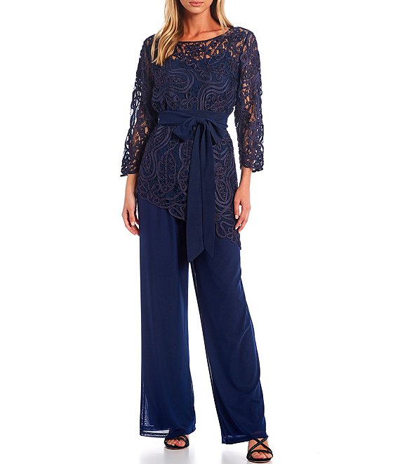 Color:Navy - Image 1 - Asymmetrical Baroque Boat Neck 3/4 Sleeve Lace Top Bodice Pant Set