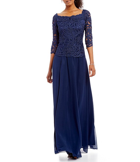 Soulmates Embroidered Floral Lace Bodice 3/4 Sleeve Square Neck Gown ...