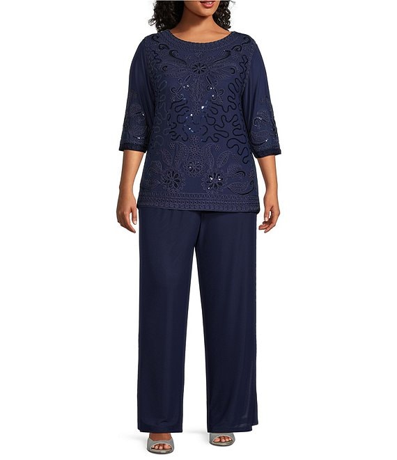 Soulmates Plus Size 3/4 Sleeve Sequin Embroidered Pant Set