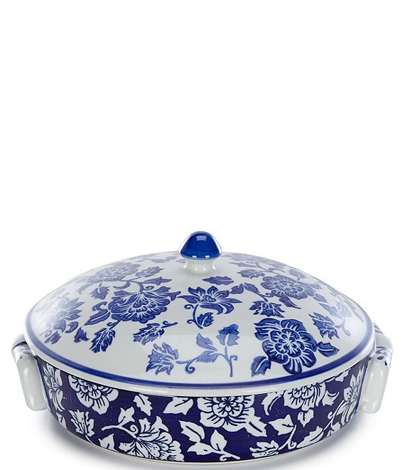Southern Living Blue & White Collection Chinoiserie Round Baker and Lid, Boxed