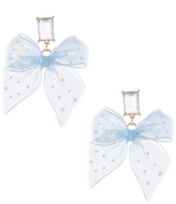 Southern Living x Borrowed & Blue Crystal Tulle Fabric Bow Novelty Drop Earrings, Gold/Light Blue - Image 1