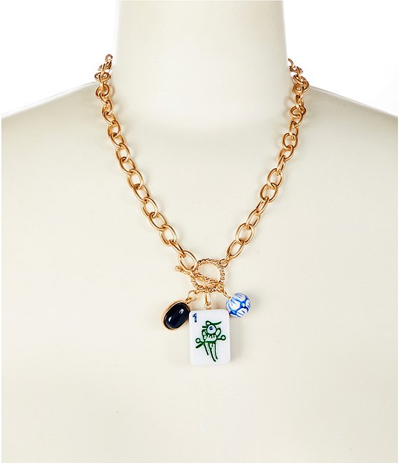Southern Living Mahjong Tile and Bead Long Chain Pendant Necklace