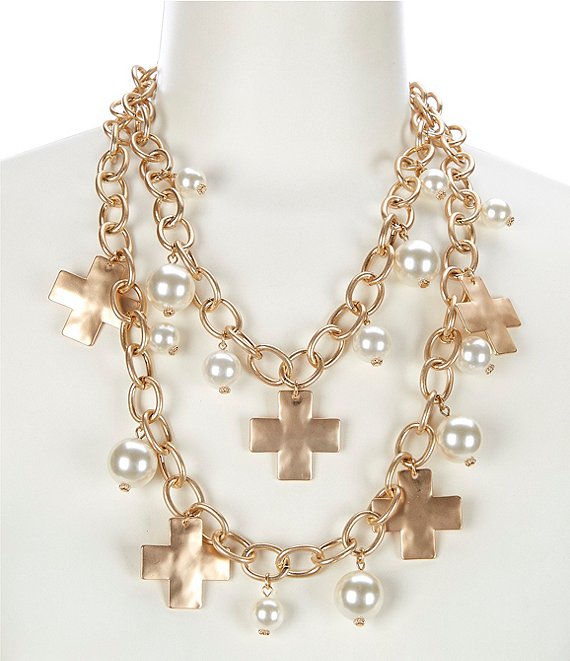 Color:Pearl - Image 1 - Karen Pearl & Cross Charm Statement Necklace
