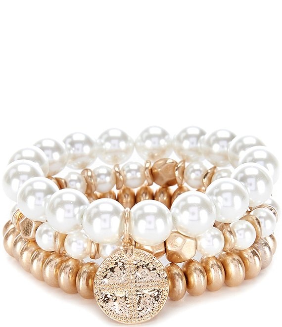 Southern Living Pearl and Gold Bead Stretch Bracelet Set