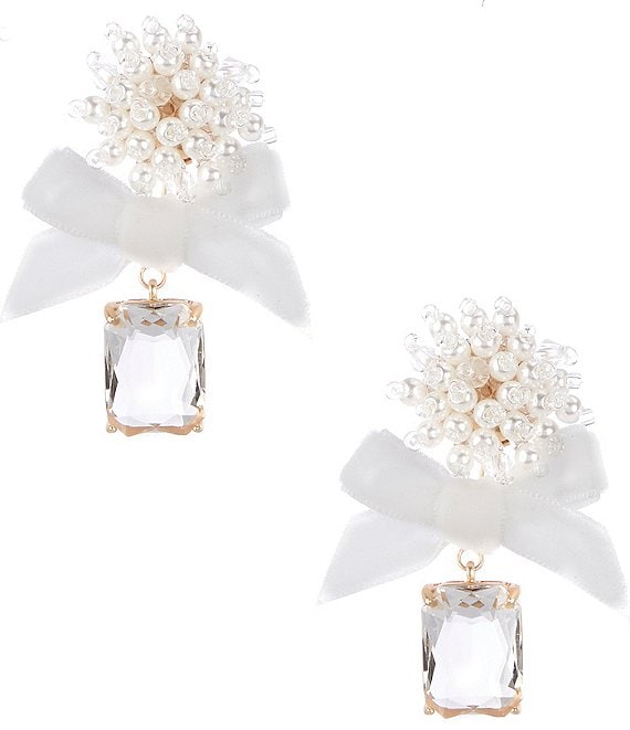 Southern Living Pearl Cluster Velvet Bow Crystal Octagon Drop Earrings, Gold/Pearl - Image 1