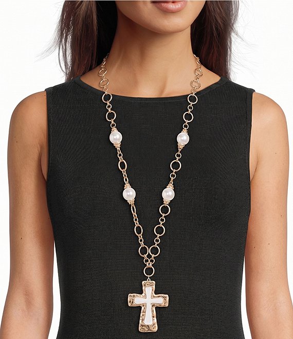 Southern Living Two Tone Cross Statement Pendant Pearl Long Strand Necklace