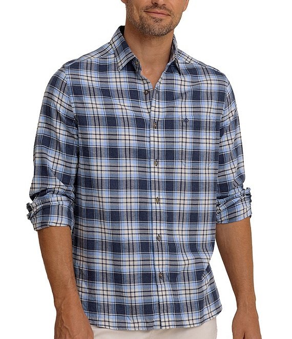 Southern Tide Brushed Twill Ashborough Plaid Long Sleeve Woven Shirt, Heather Dress Blue - Image 1