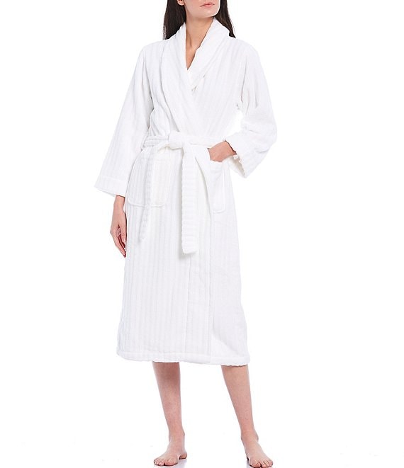 Color:White - Image 1 - Spa Essentials by Sleep Sense Velour Shadow Stripe Terry Long Cozy Wrap Robe