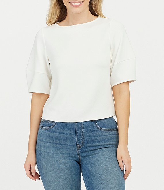 Color:Powder - Image 1 - AirEssentials Short Puff Sleeve Round Neck 'At-the-Hip' Top