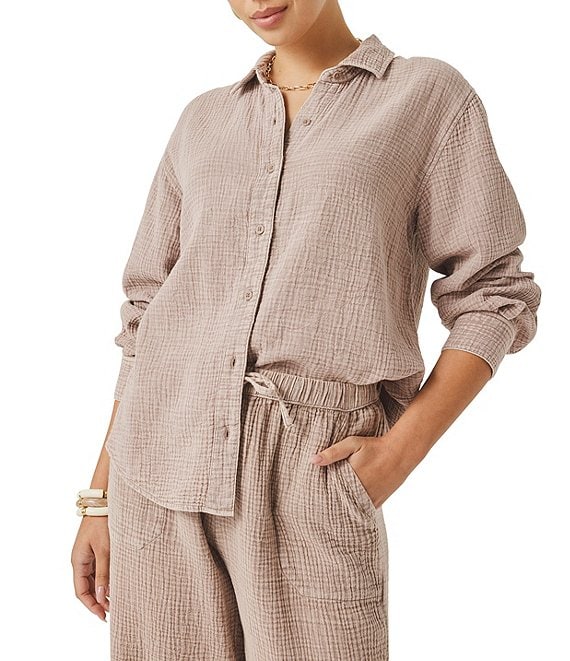Splendid Adele Point Collar Long Sleeve Button Front Gauze Shirt