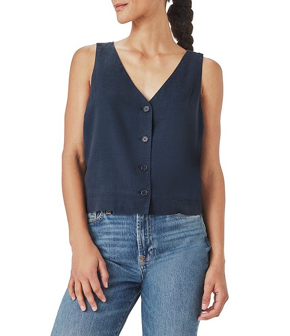 Splendid Adele Linen Blend V-Neck Button Front Vest
