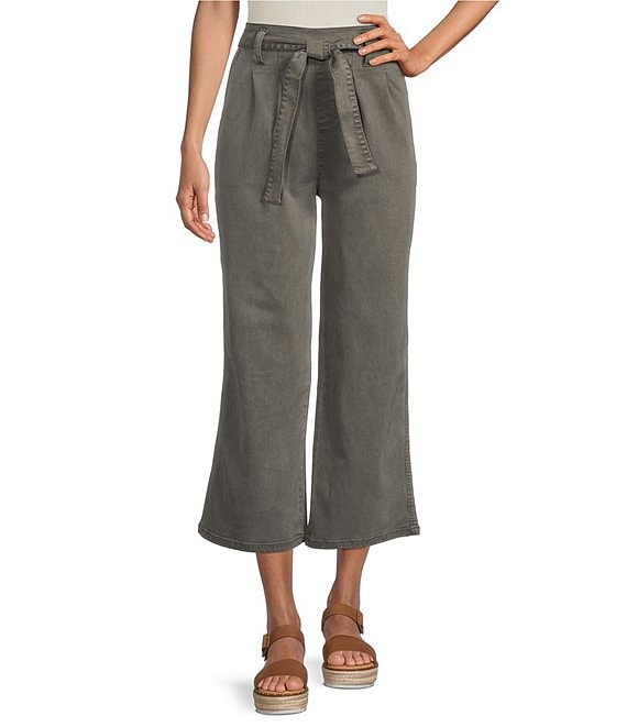 Color:Soft Vintage Olive Brown - Image 1 - Alys Tie High Waisted Wide Leg Crop Pants