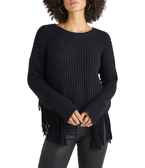 Color:Black - Image 1 - Britain Long Dropped Shoulder Fringe Sleeve Crew Neck Sweater