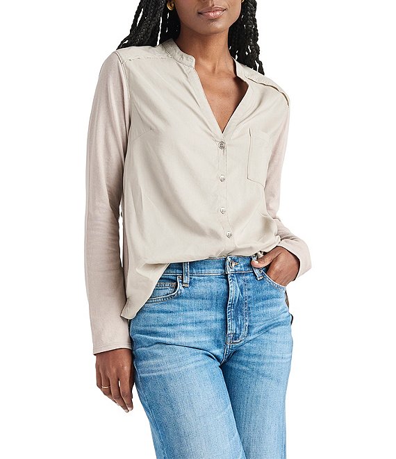 Color:Washed Fawn - Image 1 - Casey Split Round Neck Button Front Long Sleeve Shirt