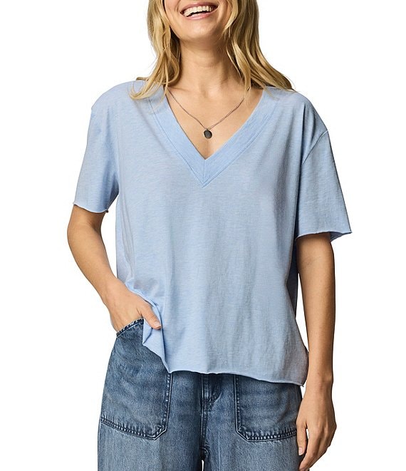 Splendid Kacey Knit Jersey Short Sleeve V-Neck Tee Shirt, Sea Breeze Heather - Image 1