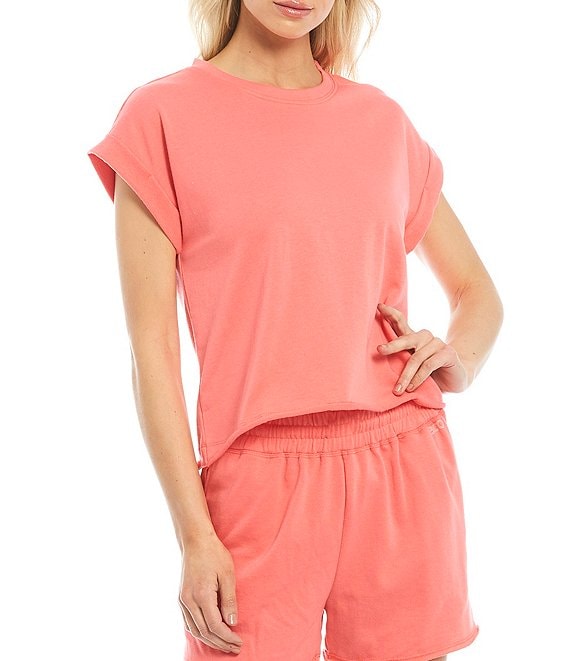 Color:Coral - Image 1 - Knit Eco Crew Neck Coordinating Short Sleeve T-Shirt