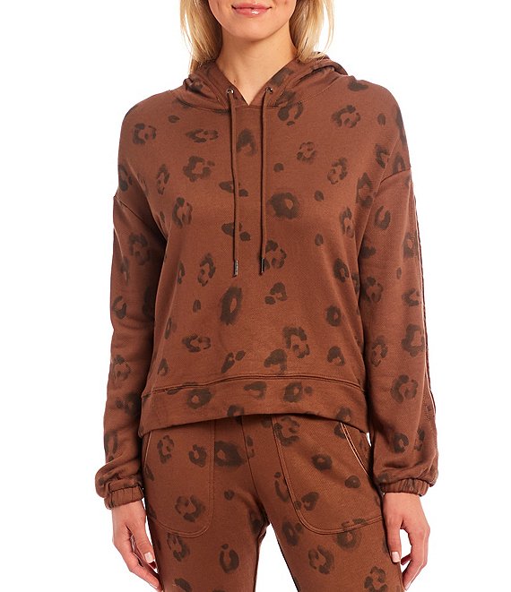 Color:Tigers Eye Leopard - Image 1 - Long Balloon Sleeve Hooded Knit Leopard Print Coordinating Pullover