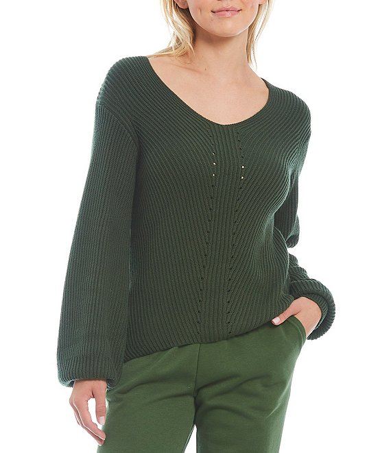 Color:Cypress - Image 1 - Long Balloon Sleeve V-Neck Pullover Statement Sweater