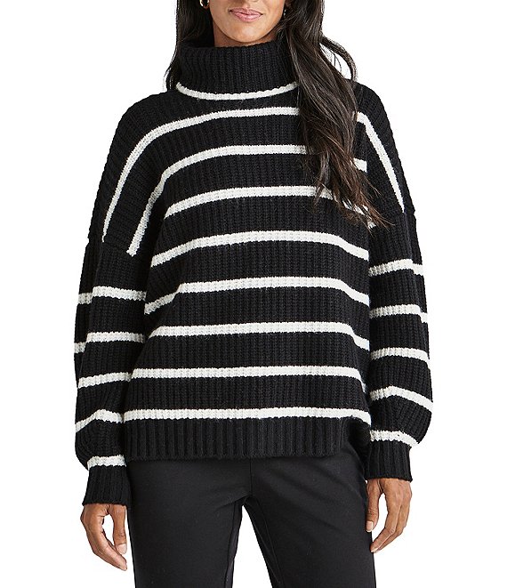 Color:Black/Snow - Image 1 - x Cella Jane Blog Oversized Striped Turtleneck Sweater