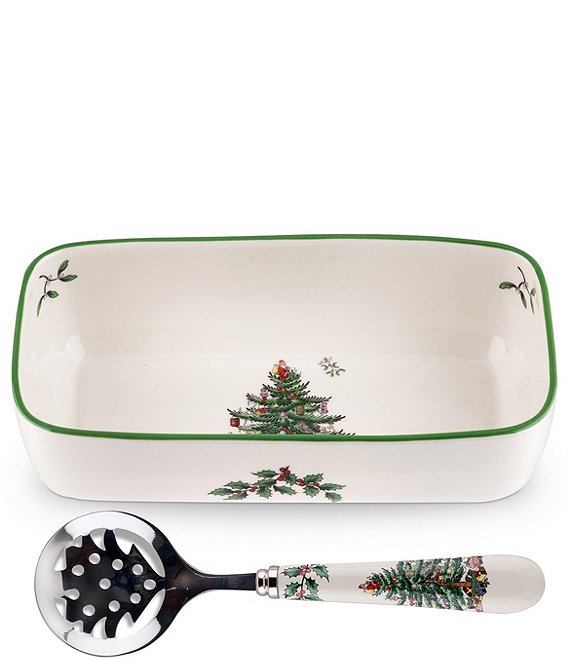 Spode Christmas Tree Collection Cranberry Dish & Slotted Spoon Set