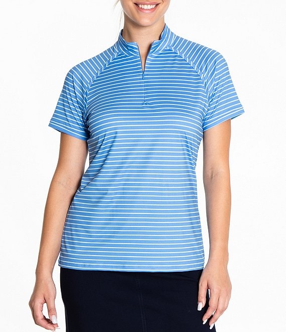 Color:Marina - Image 1 - Short Sleeve Moisture Wicking Striped Polo Collins Top