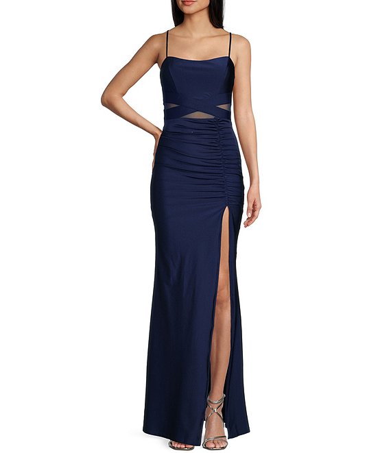 Honey and Rosie Square Neck Illusion Waist Side Slit Long Dress | Dillard's