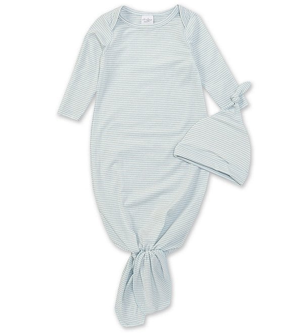 White Knit Baby Gown with Blue Trim - Smockingbird
