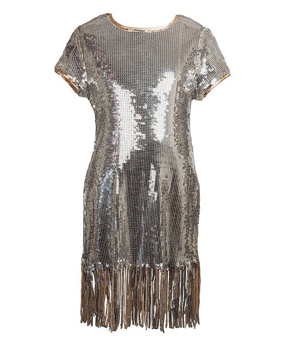 Color:Silver - Image 1 - Big Girls 7-16 Cap-Sleeve Allover-Sequin-Embellished T-Shirt Dress