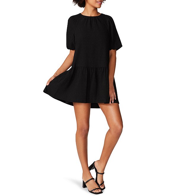 Color:Black - Image 1 - Abrah Textured Cotton Crew Neck Short Sleeve Mini Dress