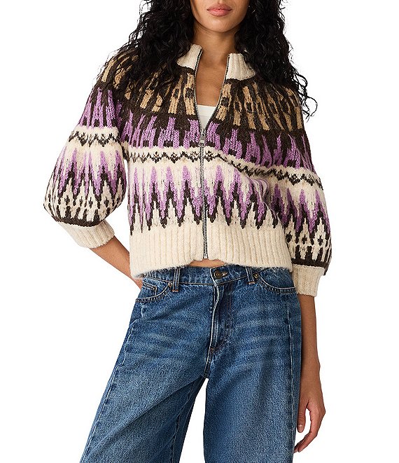 Steve Madden Adley Fair Isle Mock Neck Puff Sleeve Zip Front Sweater
