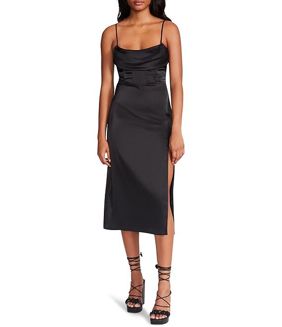 Color:Black - Image 1 - Aimiee Stretch Charmeuse Square Neck Sleeveless Side Slit Midi Slip Dress