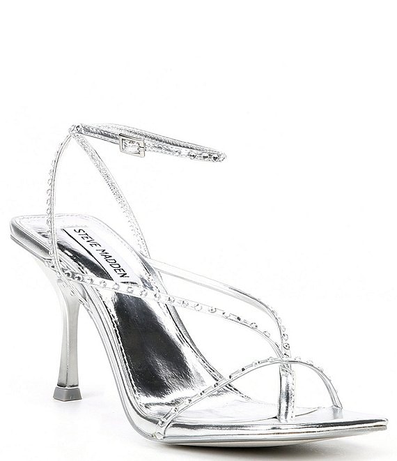 Color:Silver - Image 1 - Annie Metallic Rhinestone Embellished Strappy Dress Sandals