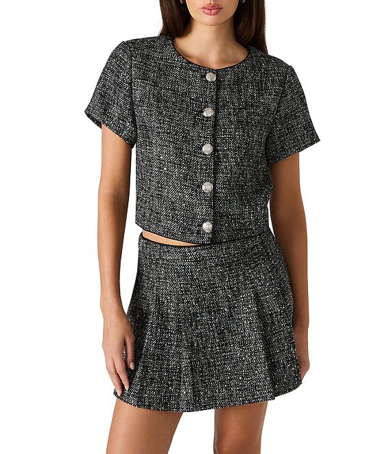 Steve Madden Aralynn Crew Neck Short Sleeve Sequin Tweed Top, Black - Image 1