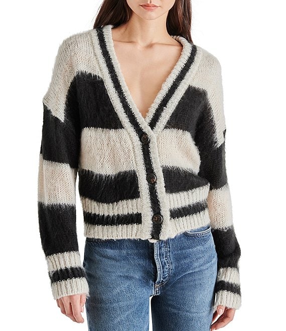 Steve Madden Becca Fuzzy Brushed Stripe V-Neck Long Sleeve Cardigan ...