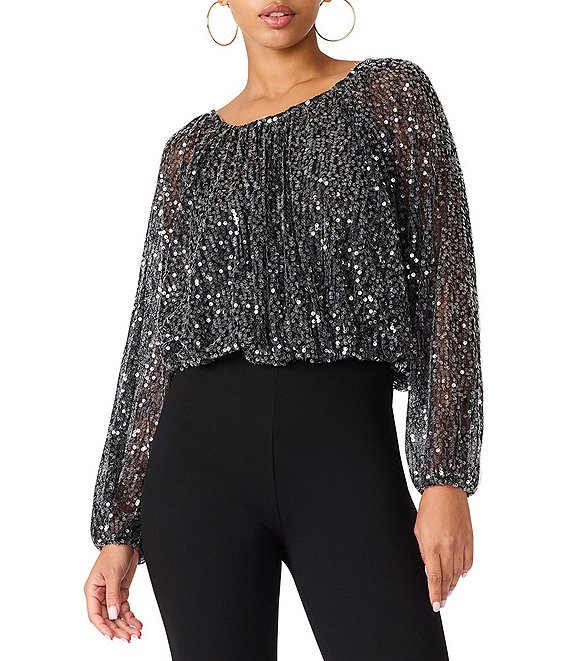 Steve Madden Beverlie Scoop Neck Long Bubble Sleeve Sequin Mesh Top