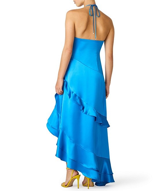 asymmetrical ruffle halter dress Asymmetrical Ruffle Halter Tie-Neck Pleated Maxi Dress in Yellow for Anniversary Dinner & Art Opening Yellow XS
