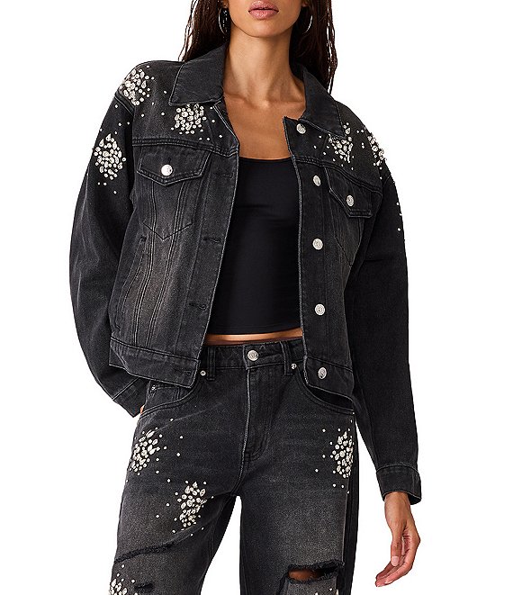 Steve Madden Clarke Denim Embellished Collared Long Sleeve Button Front Trucker Jacket